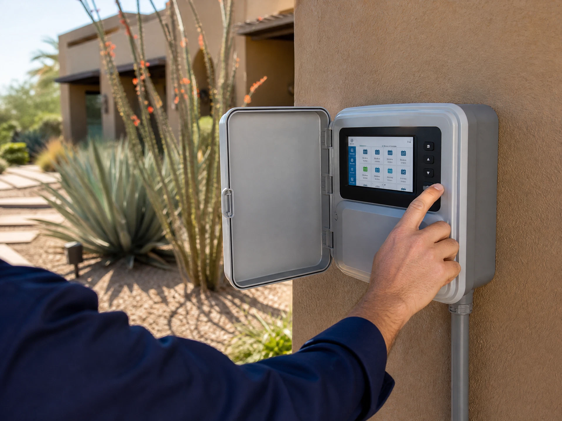 Technician programming a modern irrigation controller