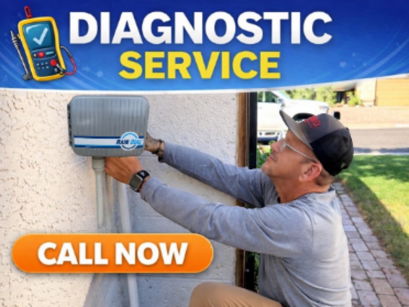 Irrigation technician checking a Rain Bird controller during diagnostic service