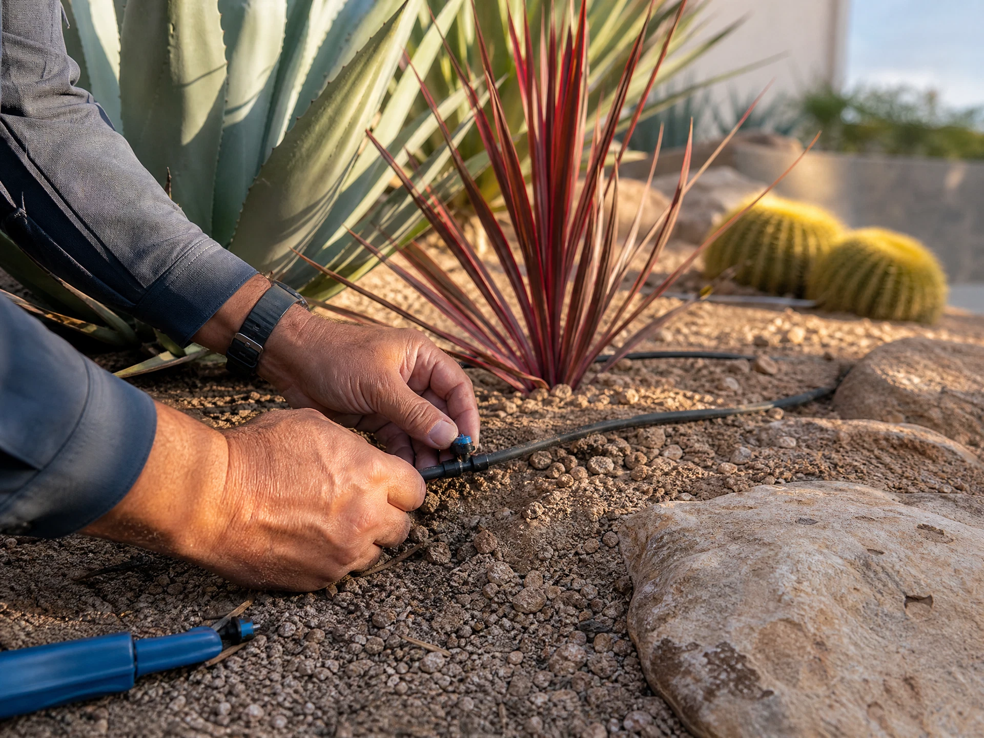 Technician repairing a drip irrigation line in a Scottsdale desert landscape