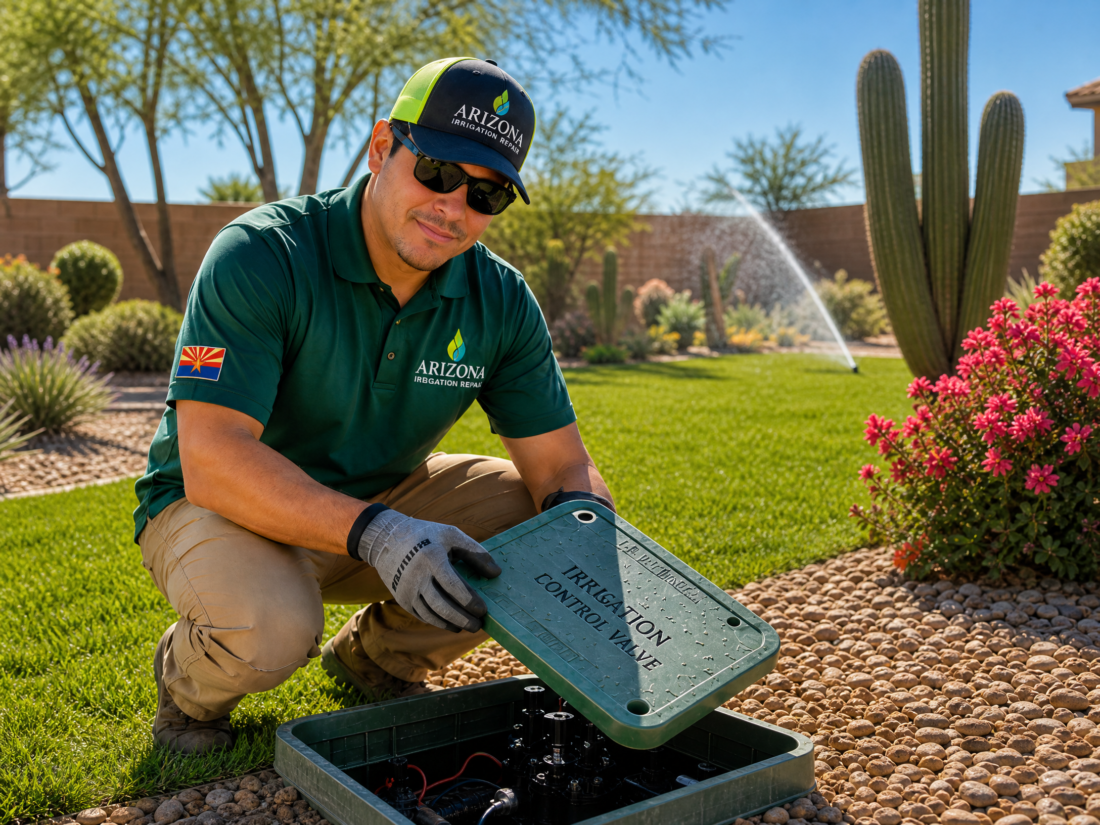 Arizona Irrigation Repair technician inspecting a control valve while testing sprinkler operation