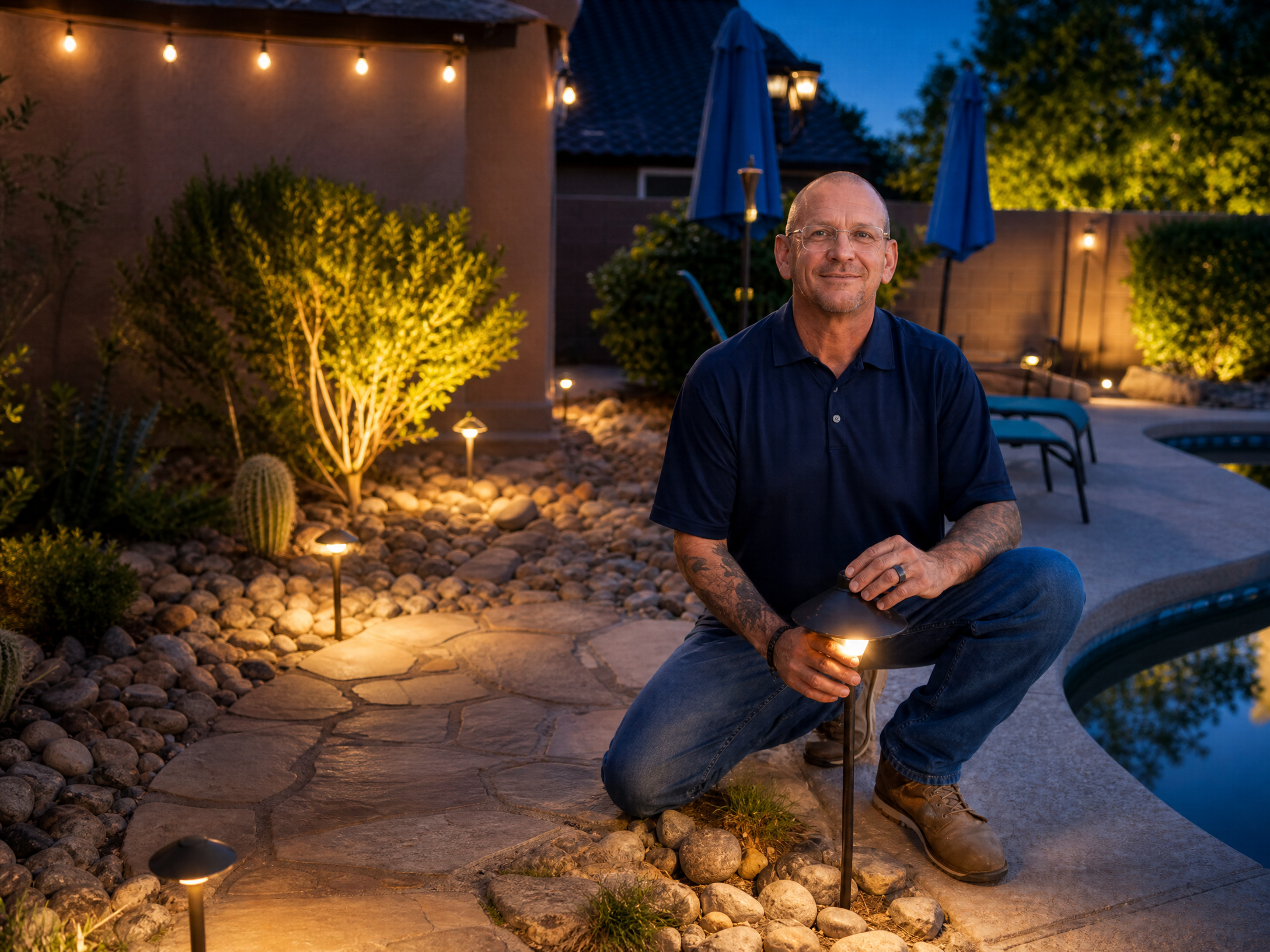 Landscape lighting technician inspecting an illuminated low-voltage fixture beside a pool