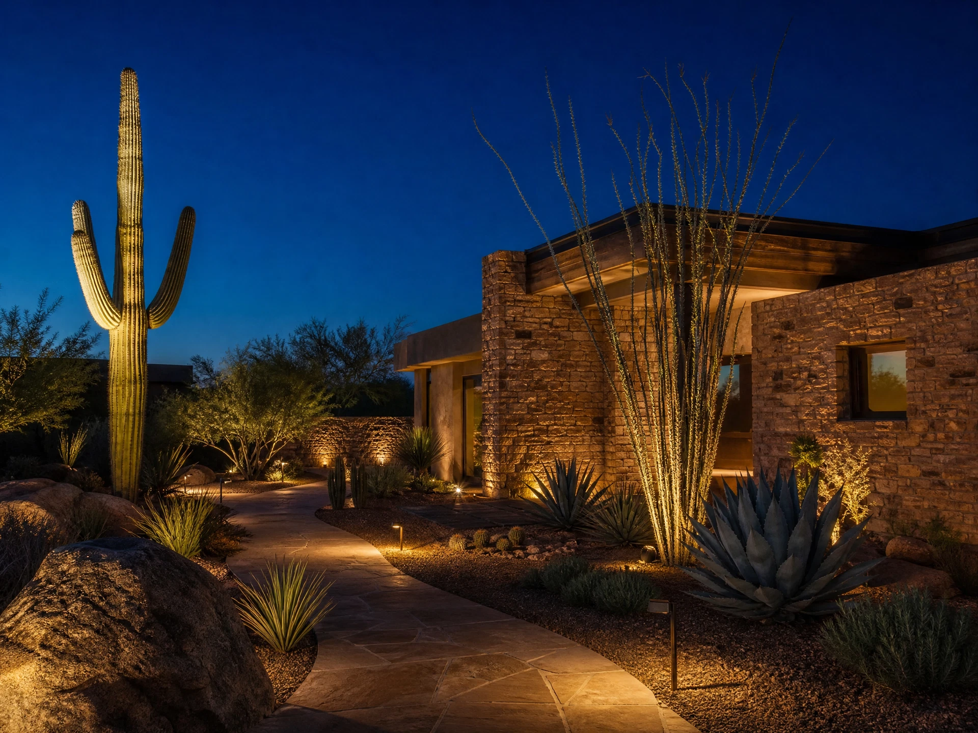 Low-voltage landscape lighting illuminating an Arizona desert home