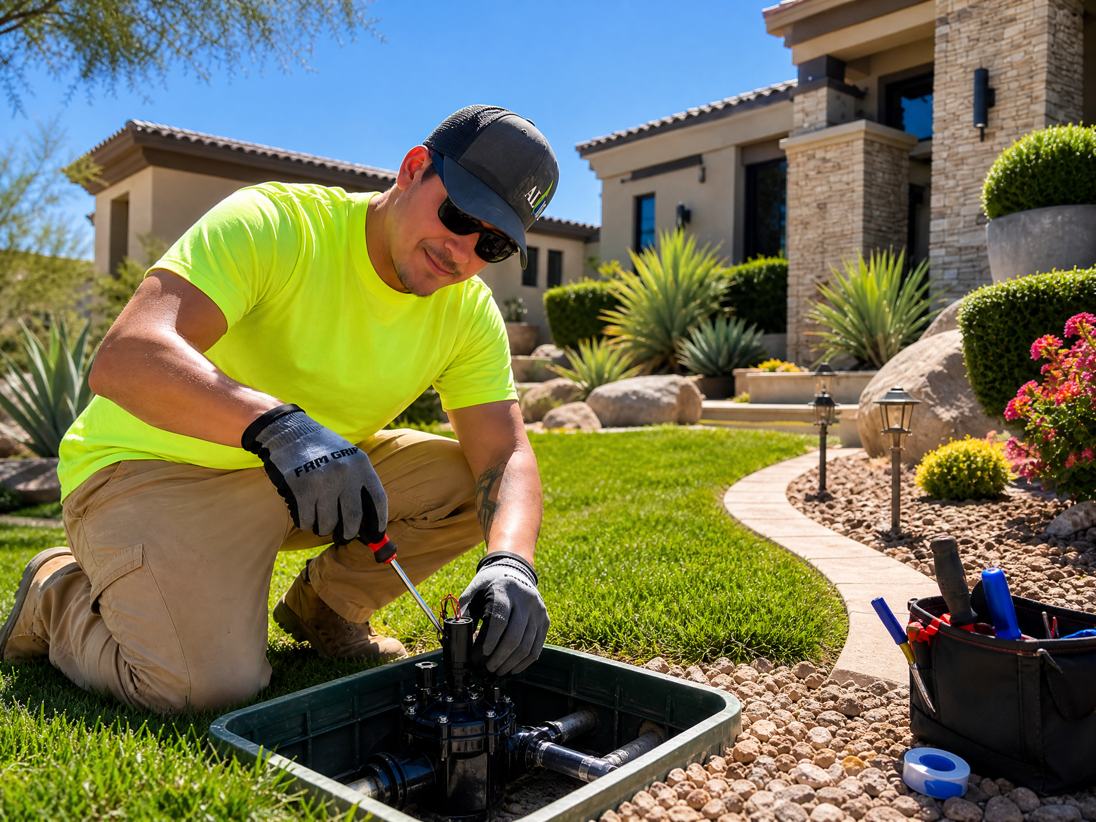 Irrigation technician servicing a valve manifold in a Scottsdale landscape