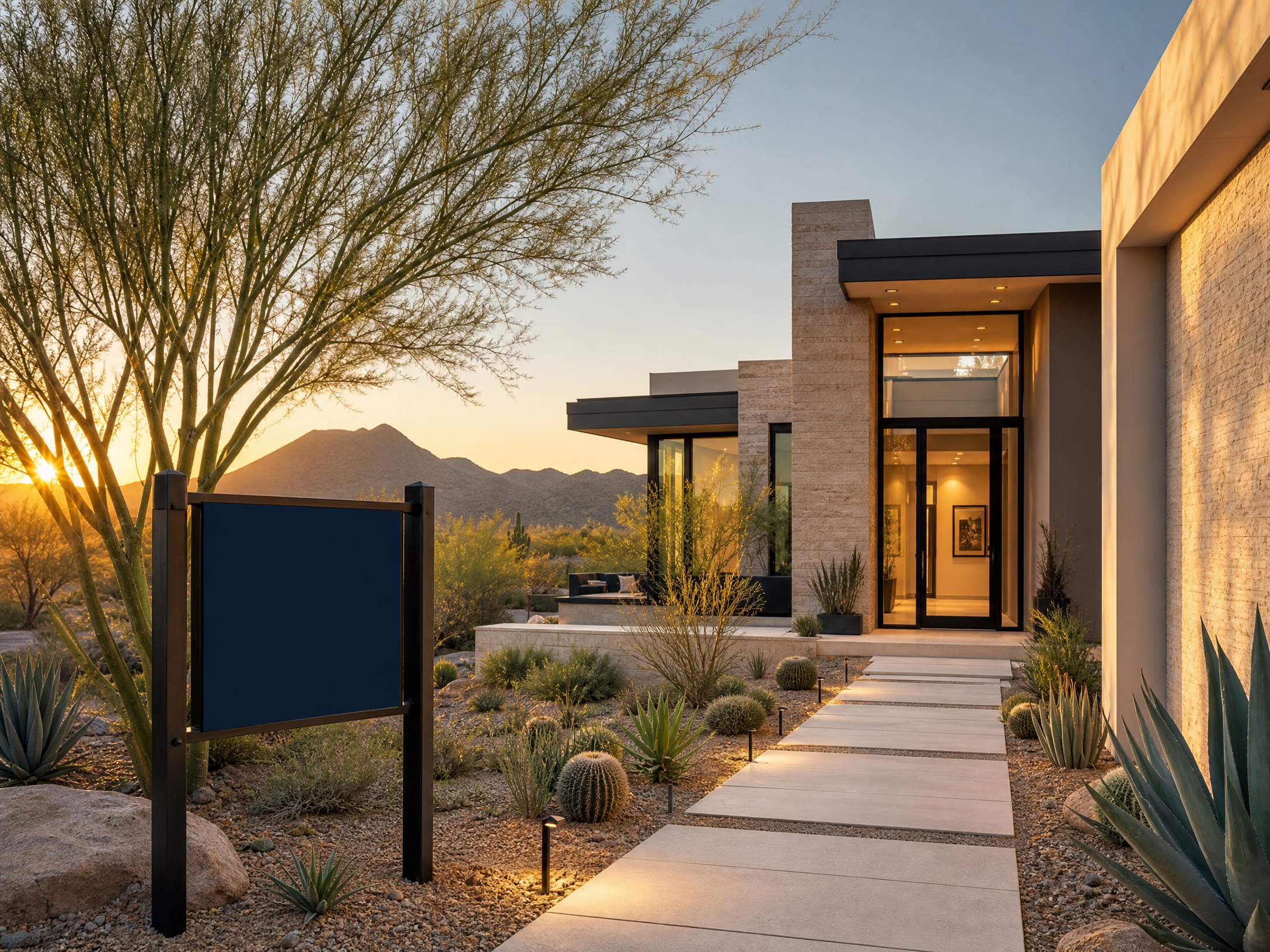 Contemporary Scottsdale home at sunset with desert landscaping