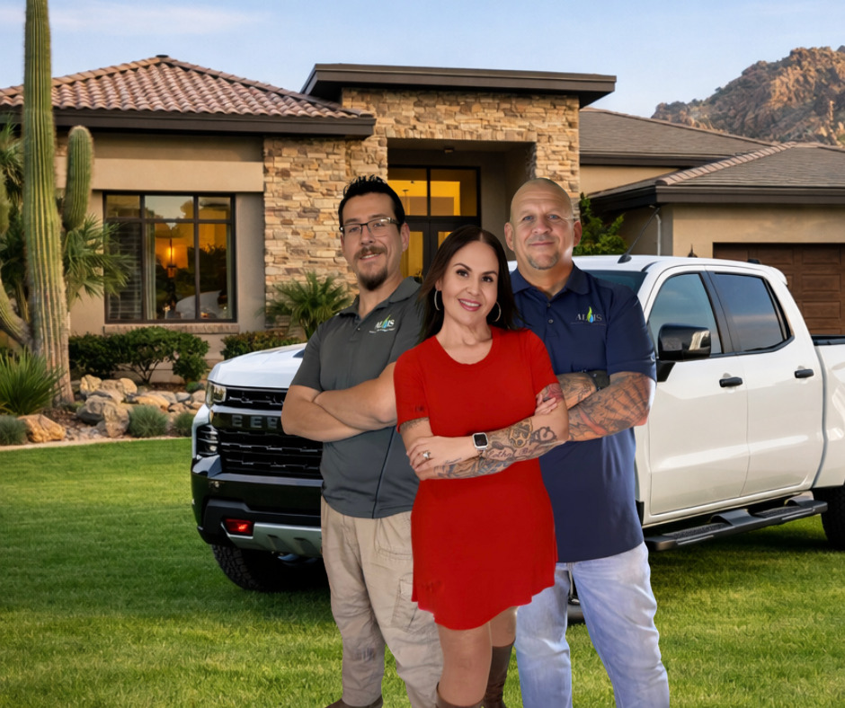 Andrew, Leandra, and Richard Mora of Arizona Irrigation Repair standing together beside a service truck