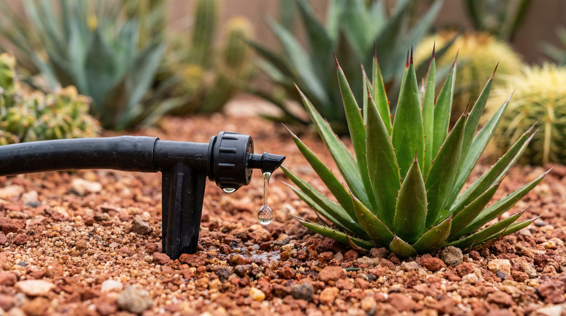 Drip irrigation system installation for desert landscaping in Phoenix showing efficient water-saving emitters
