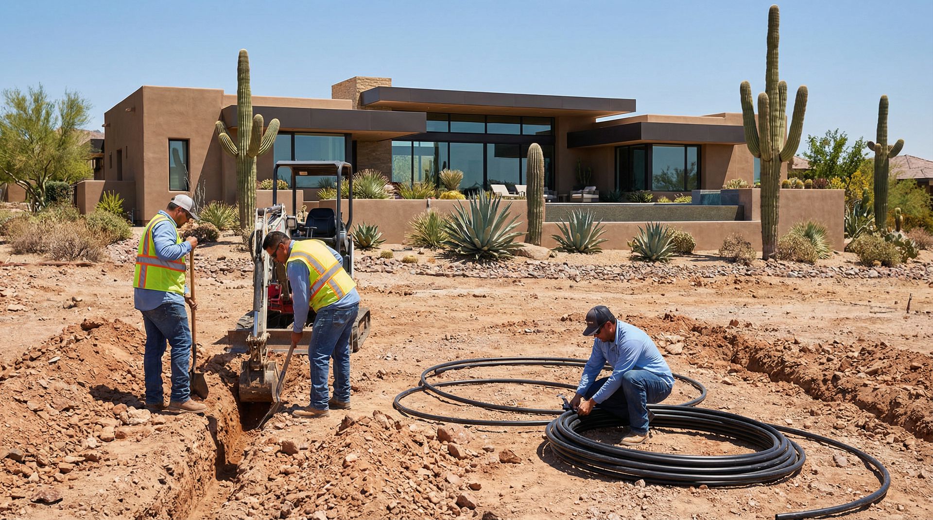 Professional sprinkler system installation in Phoenix desert landscape