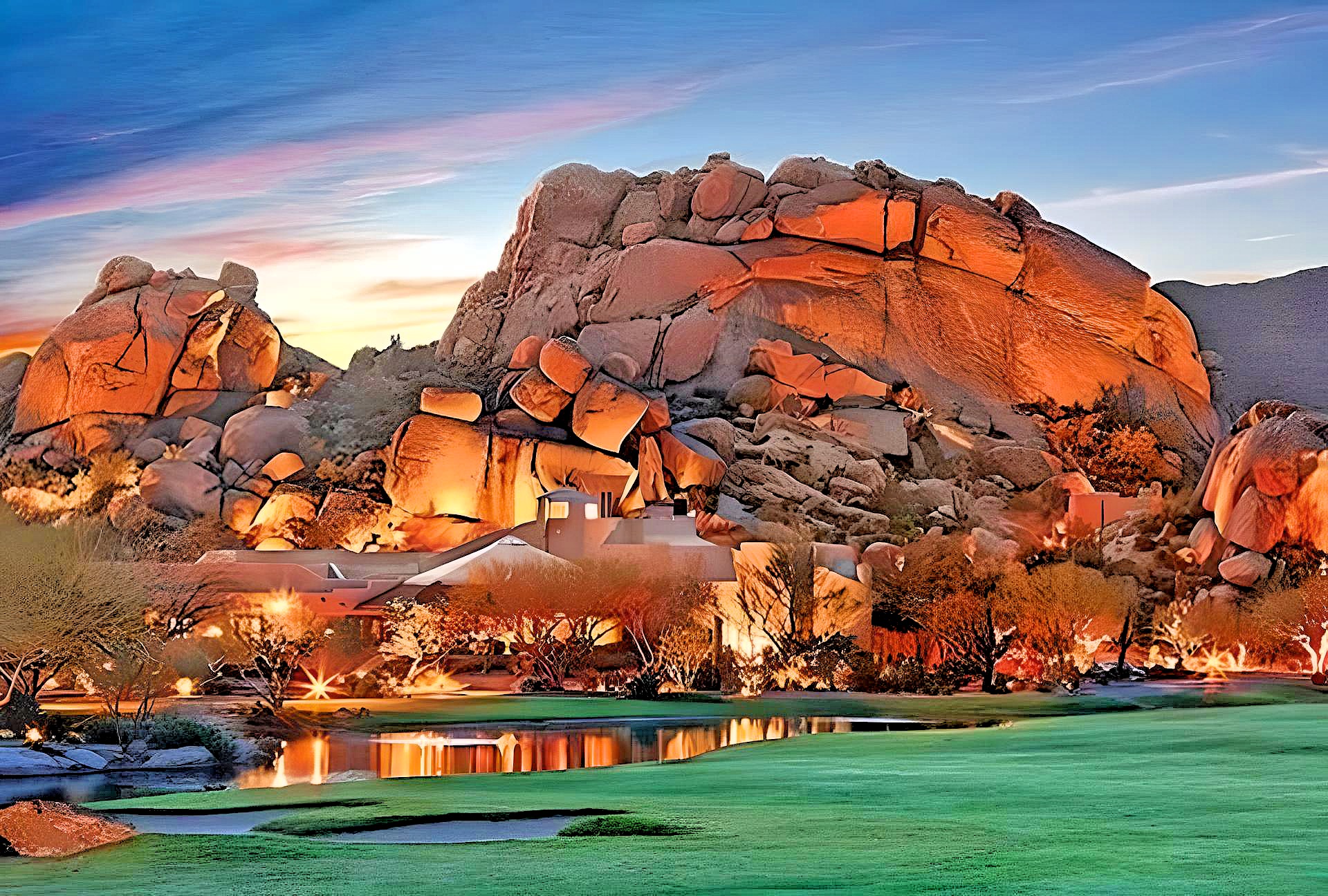 Beautiful landscape lighting illuminating desert home at night